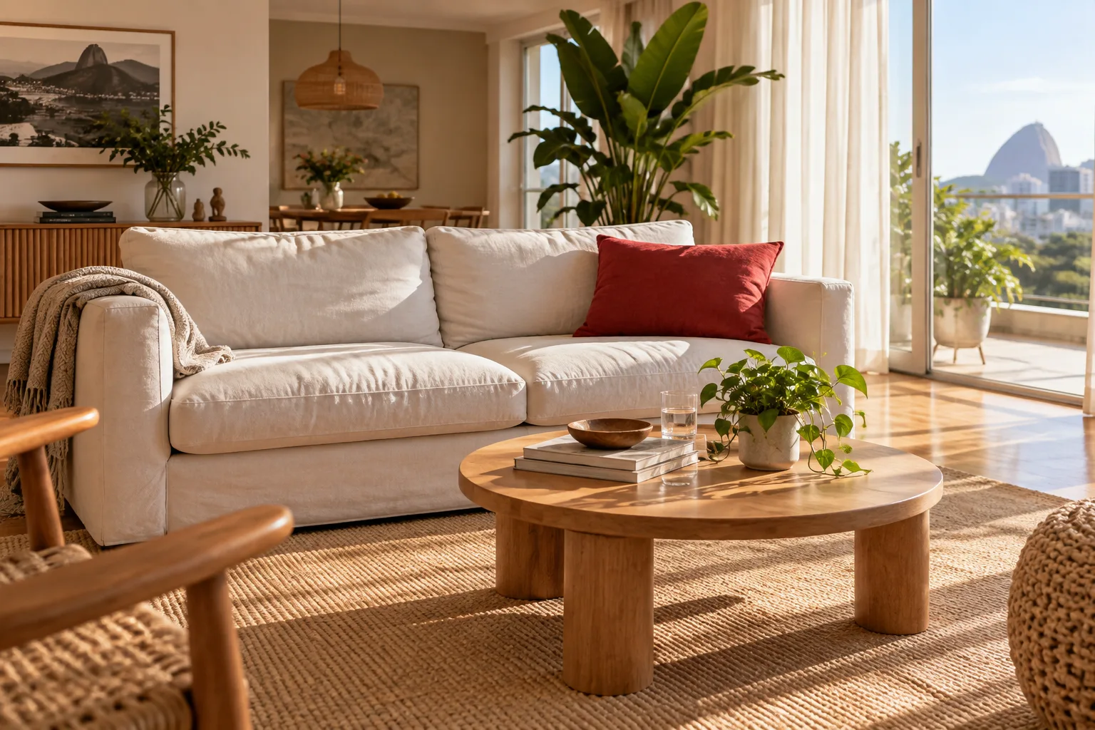 Sala iluminada com sofá claro, almofada vermelha e plantas junto à janela.